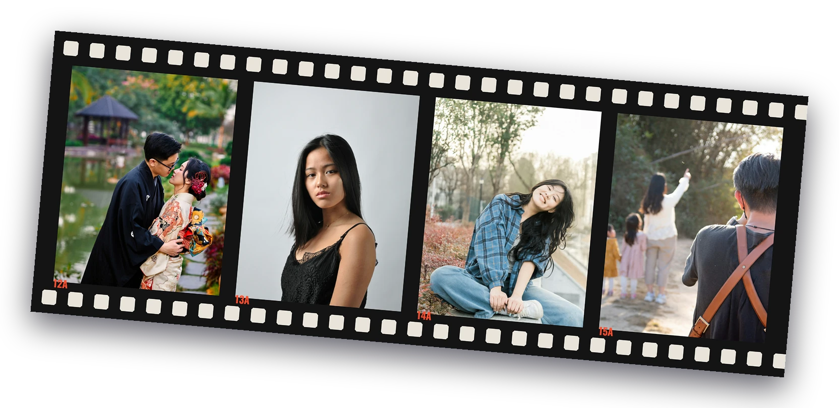Film strip berisi empat contoh foto; foto stok
